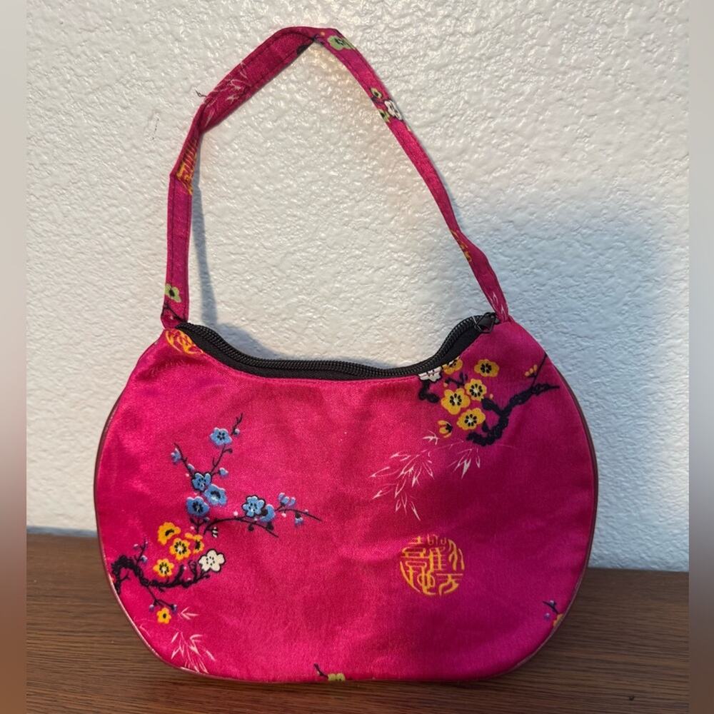 Hot Pink Satin Floral Mini Handbag Asian Inspired - Boutique